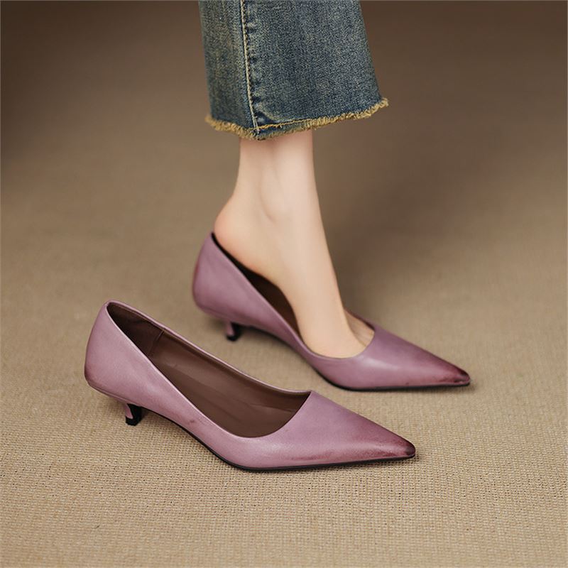 In-Stock Vintage French-Style Simple Pointed-Toe Shallow Casual Versatile Closed-Toe Low-Heeled Shoes with Thin Heels and Kitten Heels