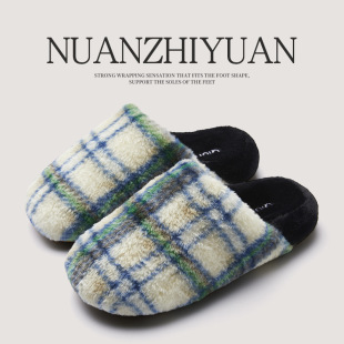 Cotton slippers for women in winter retro plaid winter warm home interior non-slip home plush couple slippers for winter