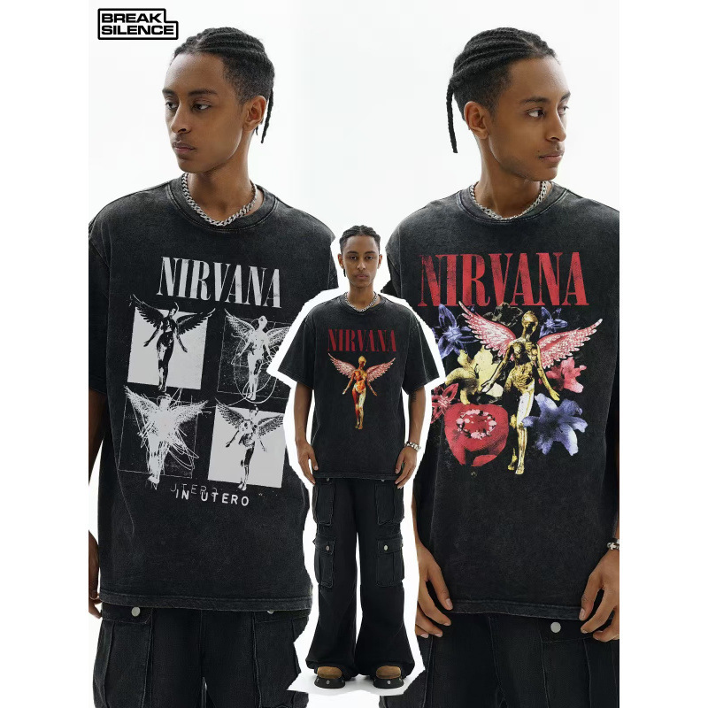 Nirvana Band Rock Nirvana Cobain American-Style Vintage Washed 3D Printed Loose T-Shirt for Men