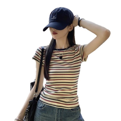 Retro Color Blocking Striped Round Neck Short Sleeve T-Shirt for Women - Summer 2025, Versatile, Fitted, Regular Shoulder, Student Top, Trendy