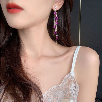 2pairs Japanese and Korean temperament rose flower earrings elegant red purple small flower long tassel earrings