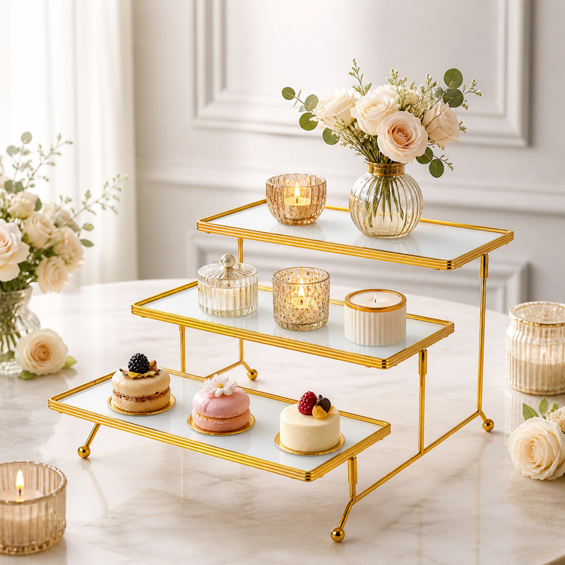 Light Luxury Three-Layer Glass Cake Stand with Electroplated Metal Dessert Display Stand for Weddings and Birthday Parties, Rectangular Dessert Tray