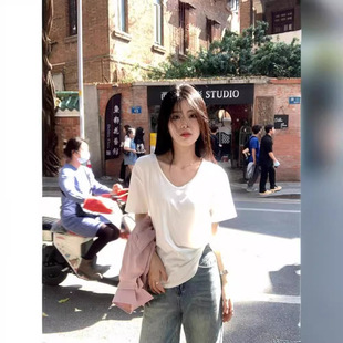 Imitation Cotton Milk Silk White V Neck Right Shoulder Versatile Short-Sleeved T-Shirt for Women Summer New Versatile Bottoming Shirt with Inner Top