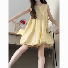 甜美黄色可爱无袖背心连衣裙小个子学生夏季新款宽松花苞裙子