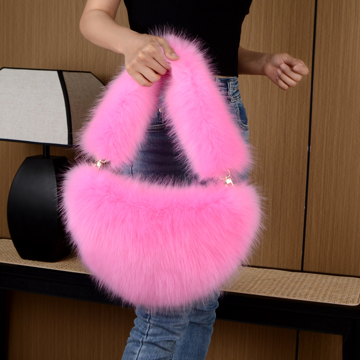 Fashion women's bags solid color plush messenger bag women's wool semi circular dumpling bag handbag_voghion.com