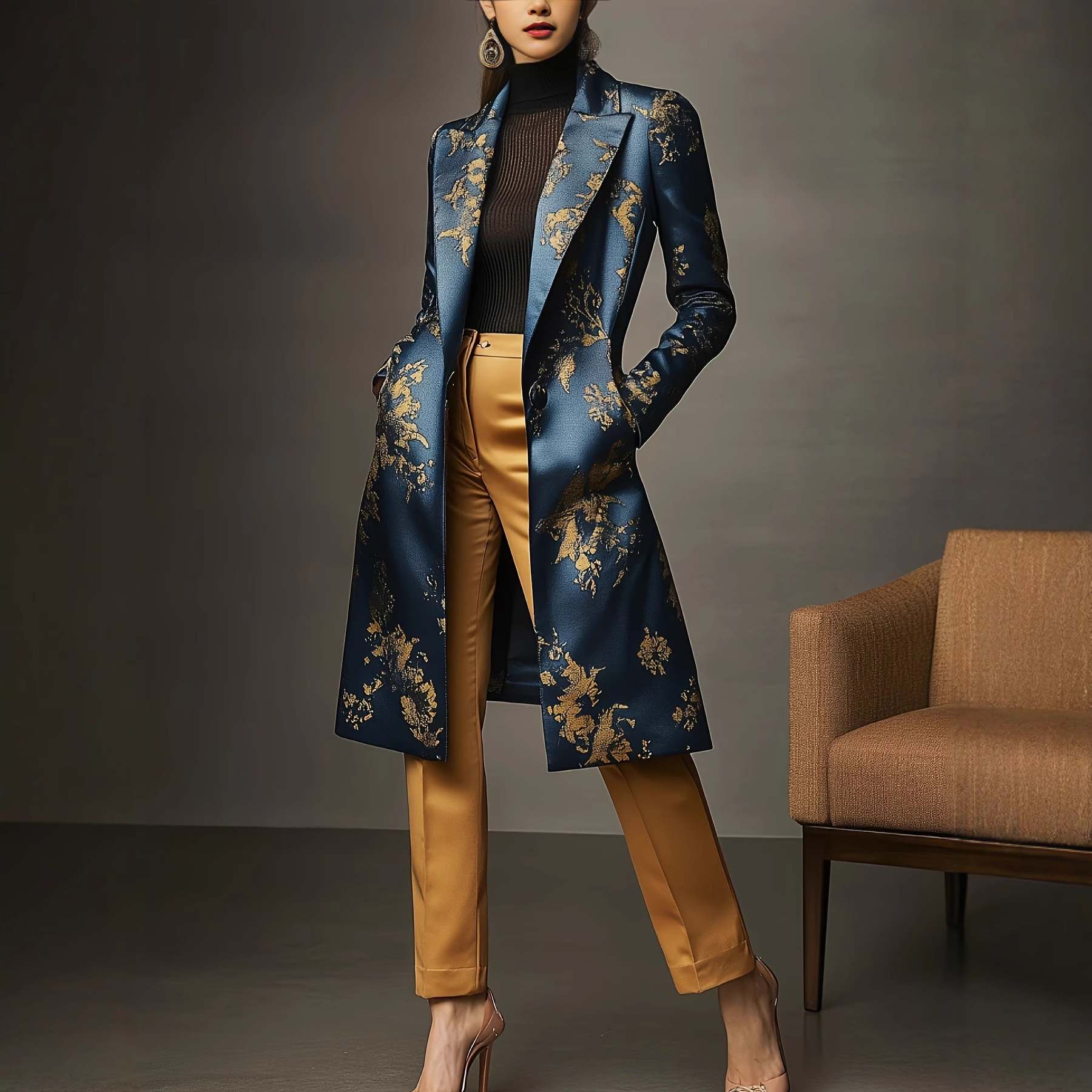 Spring and Autumn Women's New Style Fashionable Satin Printed Mid-Length Suit Jacket with Lining