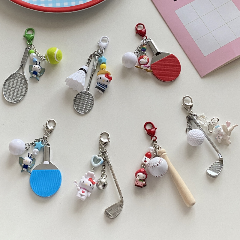 Sports Series Cartoon Cat Doll Baseball Strawberry Kt Mobile Phone Chain Creative Badminton Racket Kitty Keychain