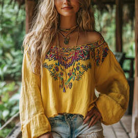 跨境欧美新款印花一字领衬衫夏季户外假日休闲上衣