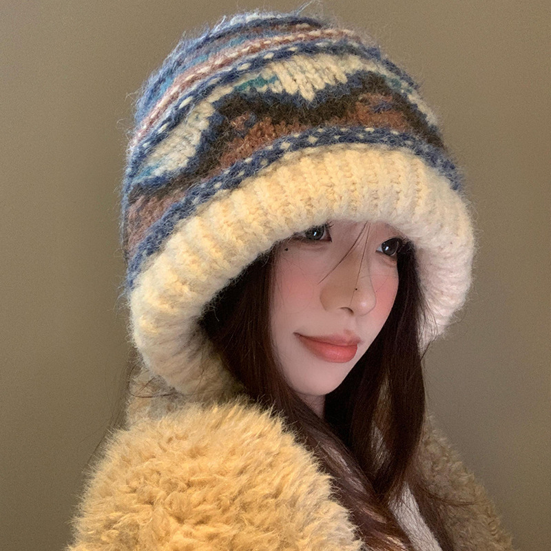 蝴蝶结猫耳朵毛绒帽女秋冬季条纹护耳针织帽显脸小保暖毛线帽子|undefined