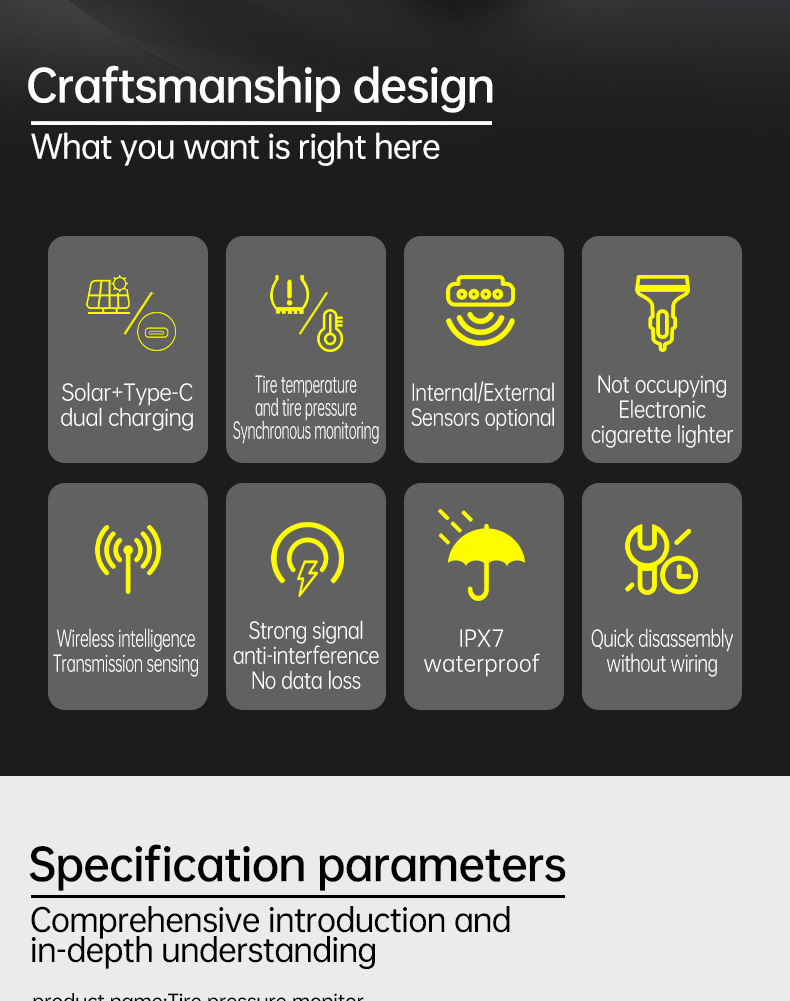 Solar-Powered Tire Pressure Monitoring Tire Pressure Monitor Tpms Tire Pressure Detection Tire Pressure Detector Cross-Border E-Commerce
