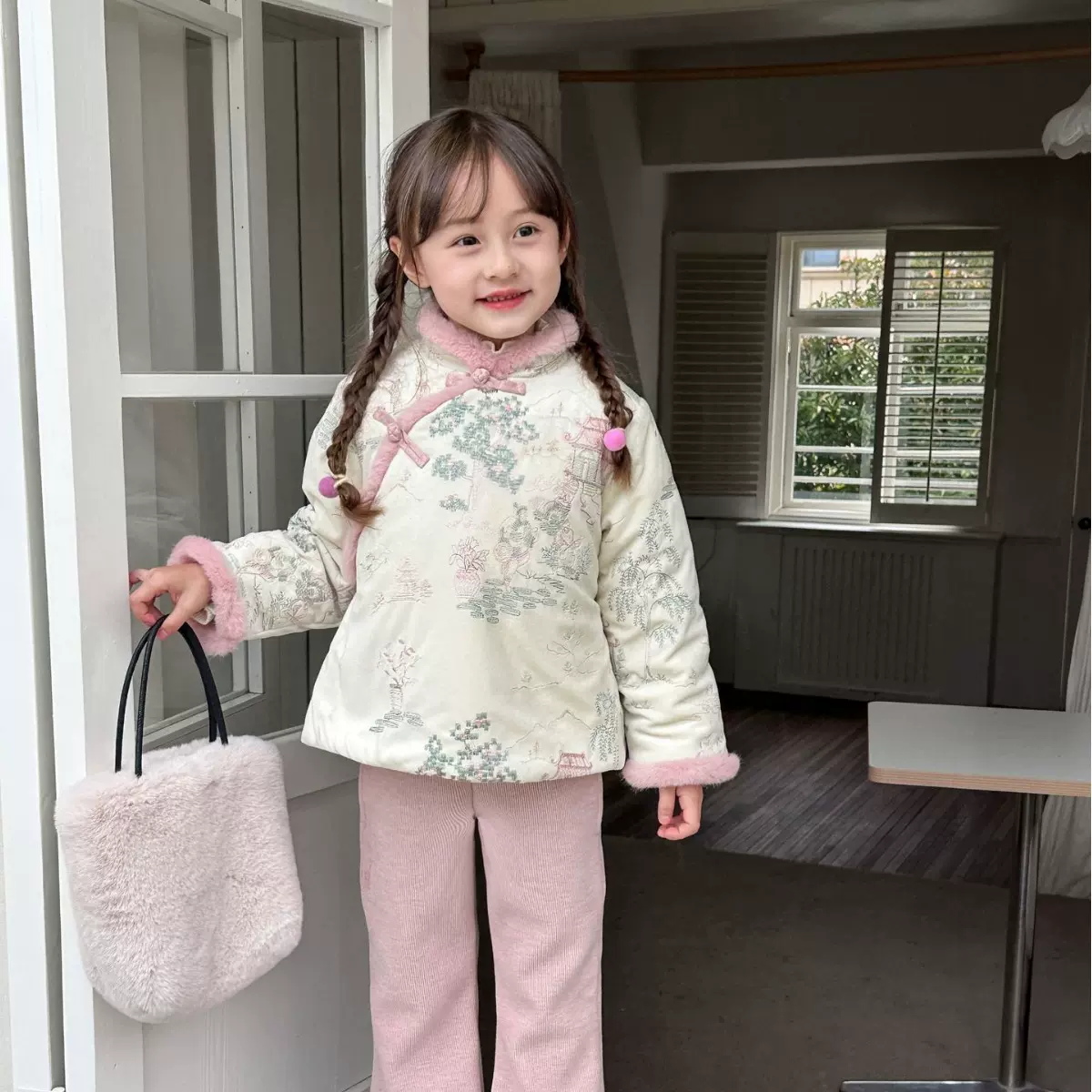 清仓款【夹棉】女童毛边斜襟盘扣中式旗袍棉衣复古长袖拜年服冬