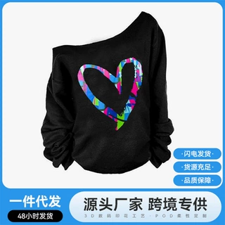亚马逊独立爱心印花圆领长袖女装上衣跨境欧美女式露肩套头定制