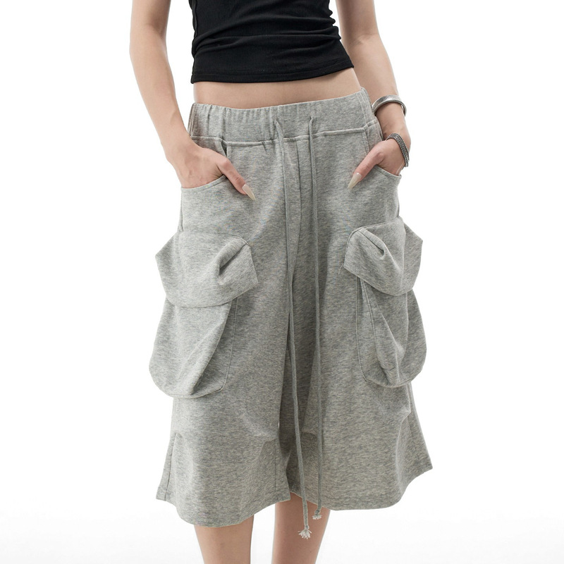 Source Manufacturer Workwear Style Large Pocket Gray Cropped Wide-Leg Sweatpants Summer Loose Slimming Sports Casual Shorts