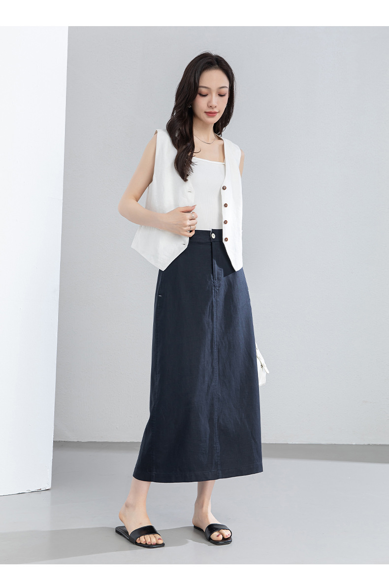 Chân váy chữ A dáng dài nữ chất liệu linen phối sợi tencel, thiết kế che khuyết điểm eo hông — màu xanh navy chi tiết 19