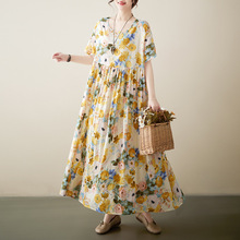 外贸新款森女田园风夏季文艺大码超大加肥加大春季短袖连衣裙碎花
