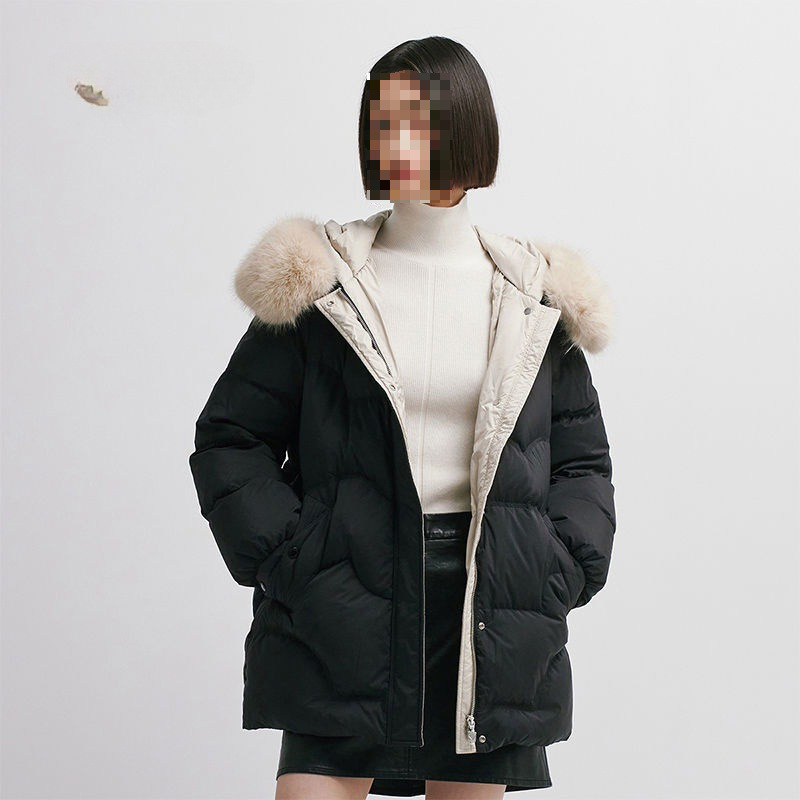 冬季女士中长款大毛领甜美加厚反季羽绒服活力红