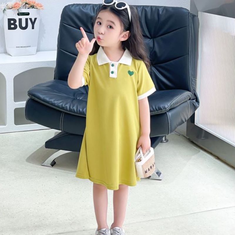女童翻领连衣裙夏季女孩纯色POLO裙子韩版A字裙短袖舒适家居服