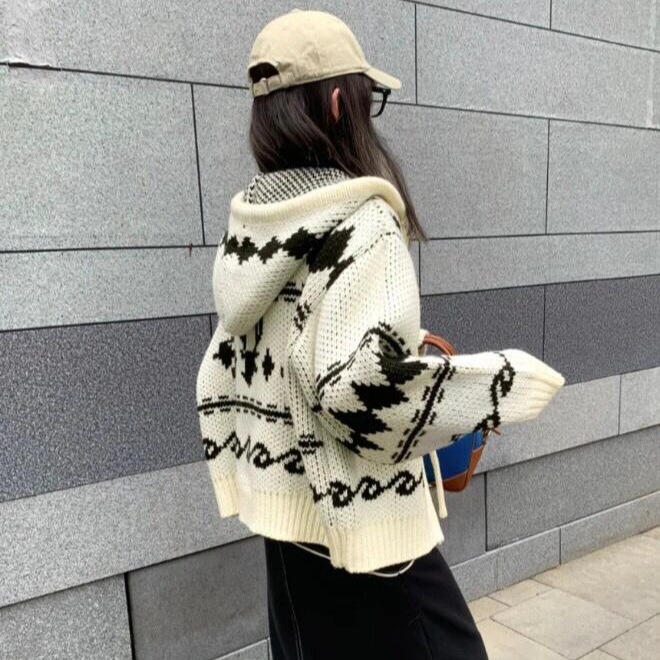 现货韩素希柳智敏韩国小众麋鹿提花针织连帽拉链外套开衫毛衣女|undefined