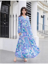 跨境亚马逊美国热卖 春秋大码连衣裙度假雪纺印花长袖V领宽松长裙