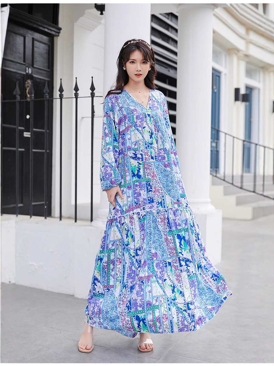 跨境亚马逊美国热卖 春秋大码连衣裙度假雪纺印花长袖V领宽松长裙