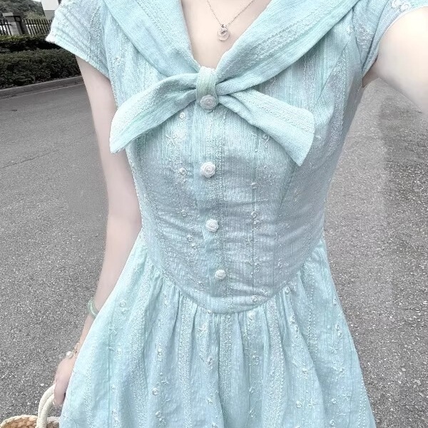 Fresh and Simple Blue Navy Collar Short Sleeve Dress for Women 2025 Summer Stunning High-End Waist-Cinching A-Line Long Dress