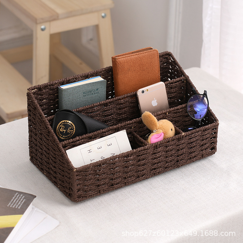 cuerda de papel trenzada estante de almacenamiento de escritorio multiplaca utensilios de oficina cosméticos papelería cesto de almacenamiento despeje