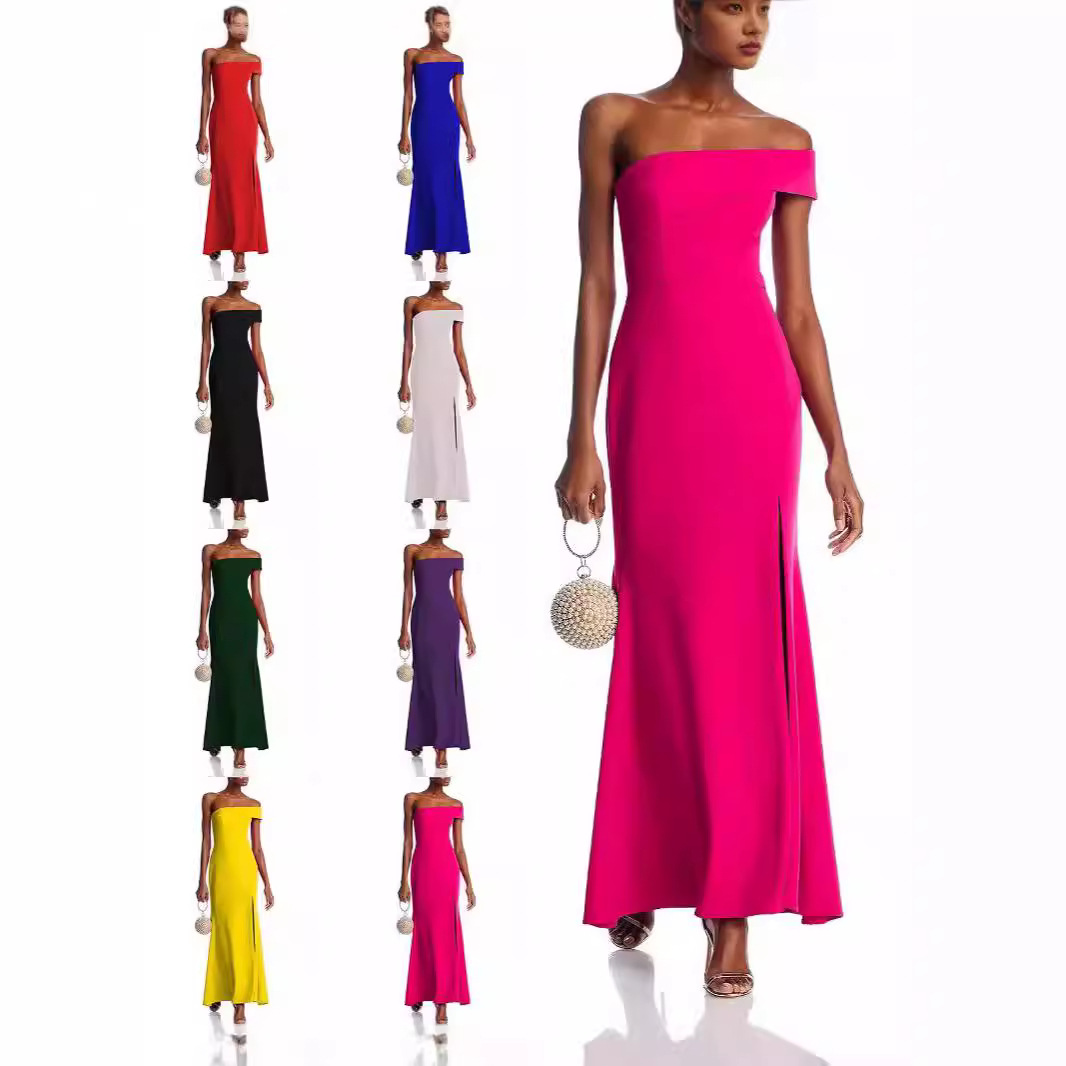 2025 New Foreign Trade Autumn and Winter Women's Fashion One-Shoulder Slit Dress Long Dress Amazon Hot-Selling Elegant Dress