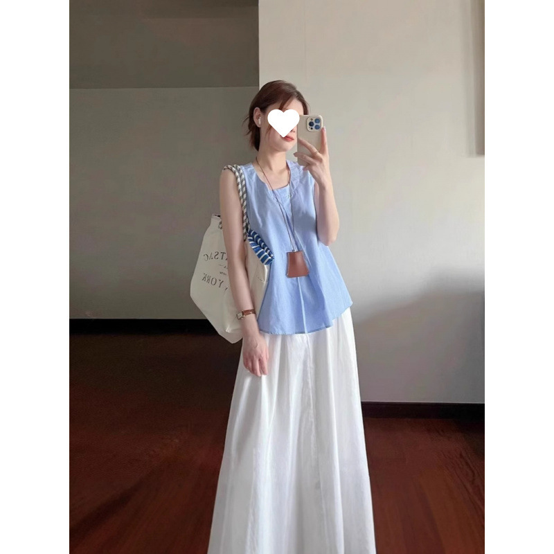 韩系温柔风休闲套装女夏季甜美蓝色无袖背心上衣高腰半身裙两件套|undefined