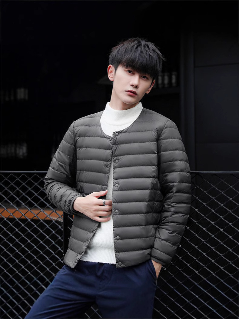 Transfronterizo Tik Tok nuevo chaqueta de pluma ligera hombre sin cuello calentador interior de cuello redondo grande vestir chaqueta de cuello V