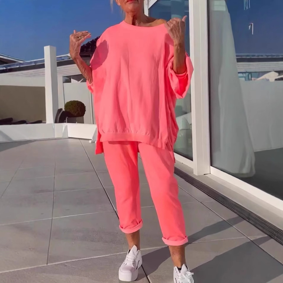 Amazon 2025 Europe and the United States cross-border new casual solid color round neck long sleeve top sports Joker pants suit women