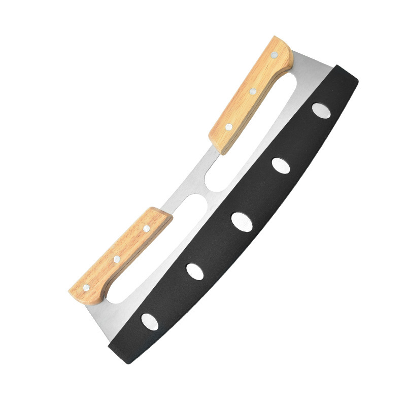 Cruzar la frontera doble mango cortador de pizza mango de madera semicírculo Pizza Rock cuchillo cortador de pizza de Acero Inoxidable marca nueva cubierta protectora