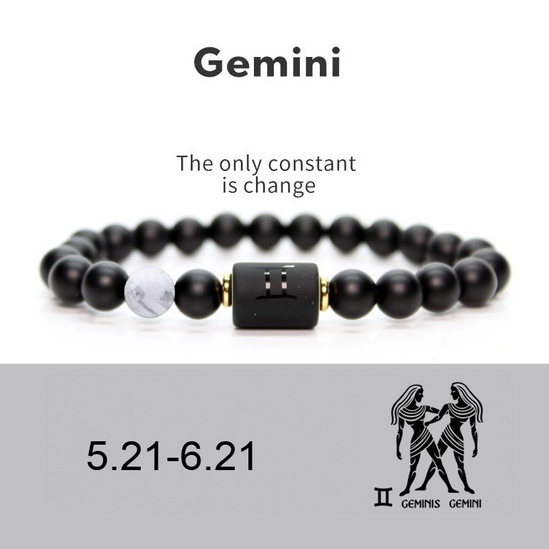 thumbnail image 1 of Modelos de explosión transfronterizos europeos y americanos Venta caliente Pulsera elástica de 12 constelaciones Pulsera de piedra de ágata negra natural para hombres Géminis, 1 of 2