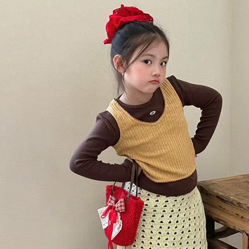 女童秋季2025新款儿童秋装背心打底衫洋气屁帘韩版牛仔裤四件套潮|undefined