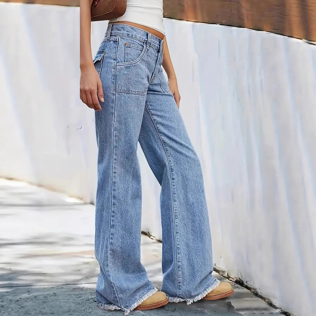 Jeans de pierna ancha para mujer de mezclilla de algodón con bolsillos grandes image 5