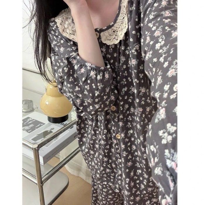 花边娃娃领带胸垫云朵棉睡衣女长袖春秋褶皱肌理感蕾丝家居服套装|undefined