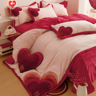 Love Wedding Milk Velvet Four-Piece Wedding Pure Cotton Baby Coral Velvet Quilt Cover Thickeneded Bed Sheetss Winter Bedding