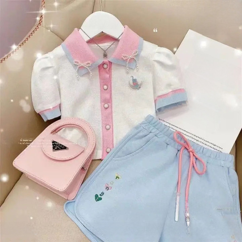 Girls' Short Sleeve Set 2024 Summer New Children's Korean Style Polo Shirts and Shorts Fashion Two-Piece Set Trendy
