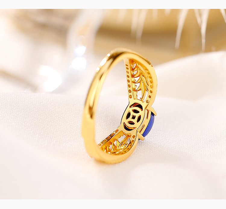 Nhẫn nữ bạc S925 mạ vàng đính đá Lapis Lazuli và Zircon phong cách cổ điển — Mở (một kích thước) chi tiết 3