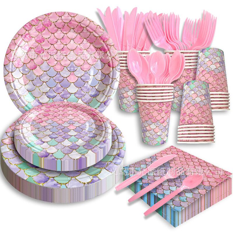 Cross-Border Pink and Purple Mermaid Fish Scale Theme Disposable Paper Plate Party Paper Plate Tableware Birthday Party Decorations Cross-Border Pink and Purple Mermaid Fish Scale Theme Disposable Paper Plate Party Paper Plate Tableware Birthday Party Decorations