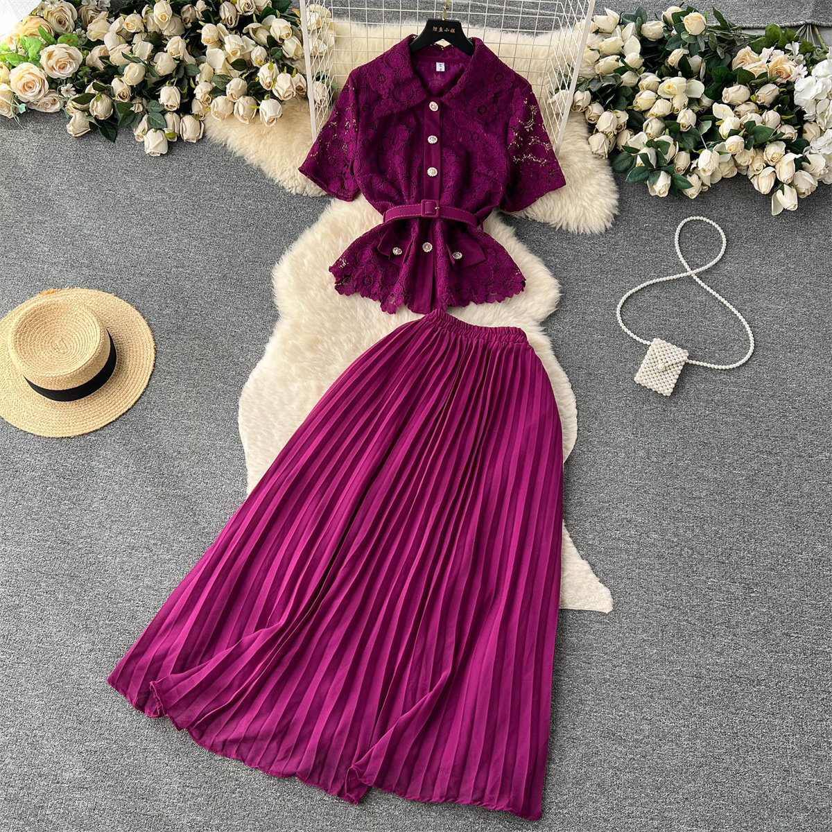 Damen Zweiteiliges Set Aus Kurzarmbluse Und Plisseerock Für Den Sommer_voghion.com