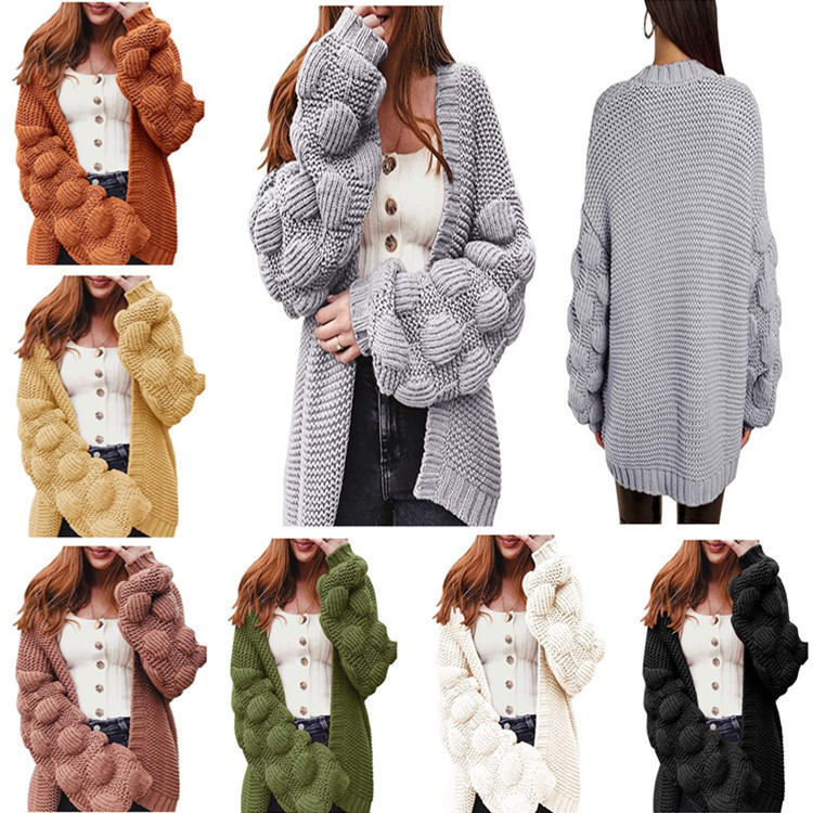 European and American Cross-border Lantern Sleeve plus size Mid-length Sweater Women's Coat Autumn and Winter New Loose Coarse Wool Knitted Cardigan