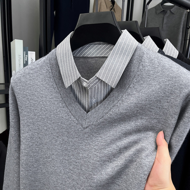 Suéter de punto casual de hombre delgado falso de dos piezas chaqueta nueva chaqueta gris de otoño y invierno simple camisa de punto con solapa