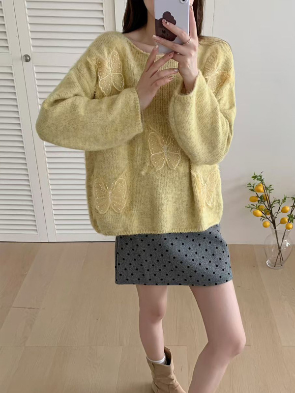 设计感立体蝴蝶套头毛衣女2025秋冬新款温柔气质显瘦百搭针织衫潮|undefined