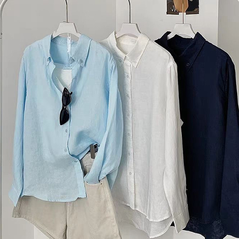 100リネン極薄オールドマネースタイルシャツレディースルーズミドル丈レイジースタイル夏の日焼け止め服空調シャツアウターウェア|undefined