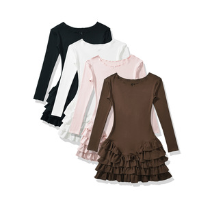 25004-25早春新款  美式辣妹荷葉邊雷絲拼接圓領長袖蓬蓬裙連衣裙