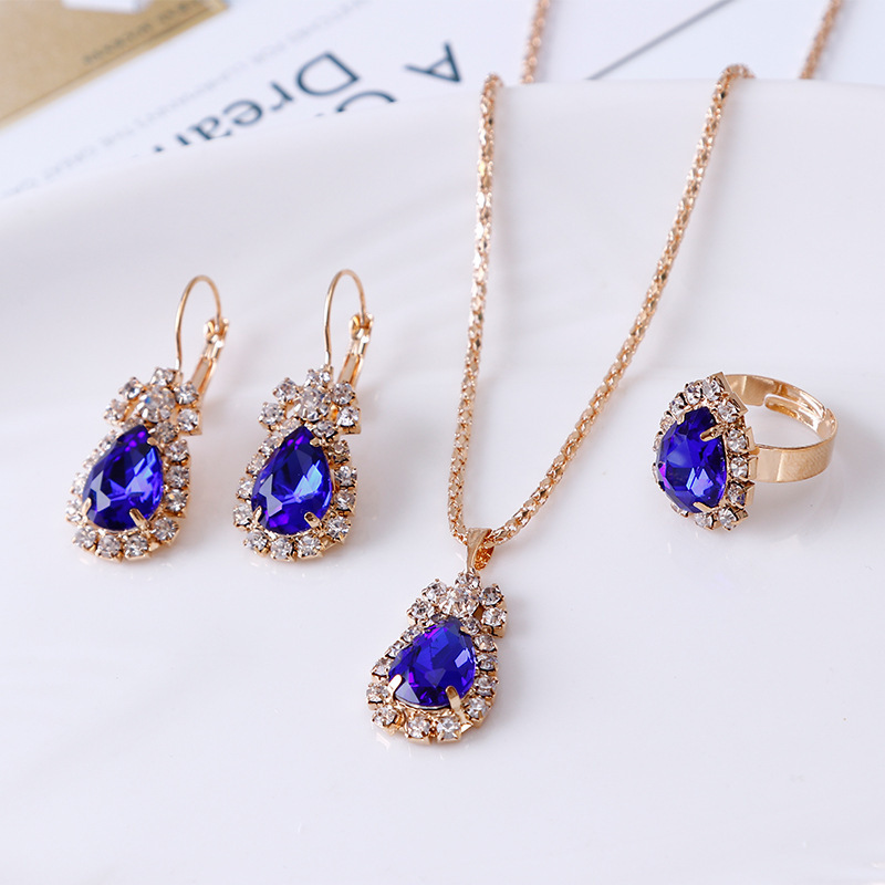 European And American Fashion Water Drop Rhinestone Necklace Earrings Ring Set display picture 9