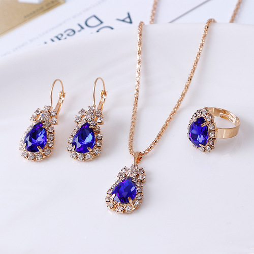 Factory direct sales European and American ins water drop rhinestone necklace earrings ring set high-end bridal jewelry wholesale