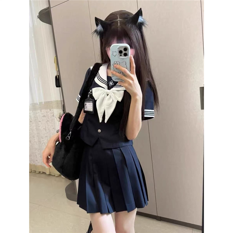 Summer Jk Waist-Cinching Sailor Suit Preppy Uniform Set Summer Short-Sleeve Jk Skirt Two-Piece Set Summer Jk Waist-Cinching Sailor Suit Preppy Uniform Set Summer Short-Sleeve Jk Skirt Two-Piece Set
