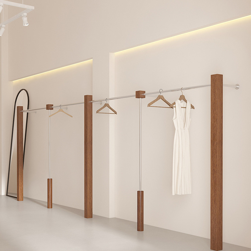 Clothing Store Display Rack Imitation Walnut Wood Grain Wall-Mounted Women's Clothing Store Shelf Stainless Steel Display Rack Floor-Standing Clothes Hanging Rod Clothing Store Display Rack Imitation Walnut Wood Grain Wall-Mounted Women's Clothing Store Shelf Stainless Steel Display Rack Floor-Standing Clothes Hanging Rod