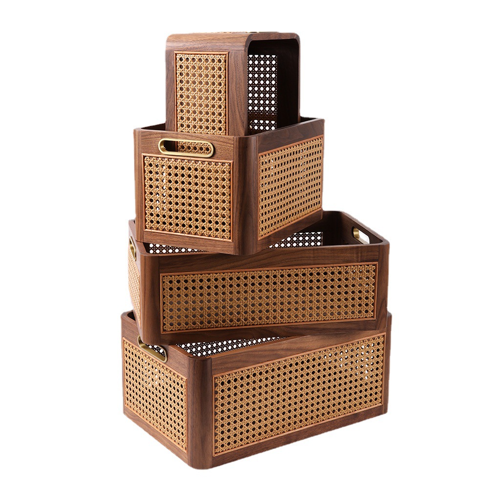 Amazon personalizado caja de almacenamiento de madera maciza japonesa tela de caña cesta de almacenamiento de madera de escritorio negro nuez